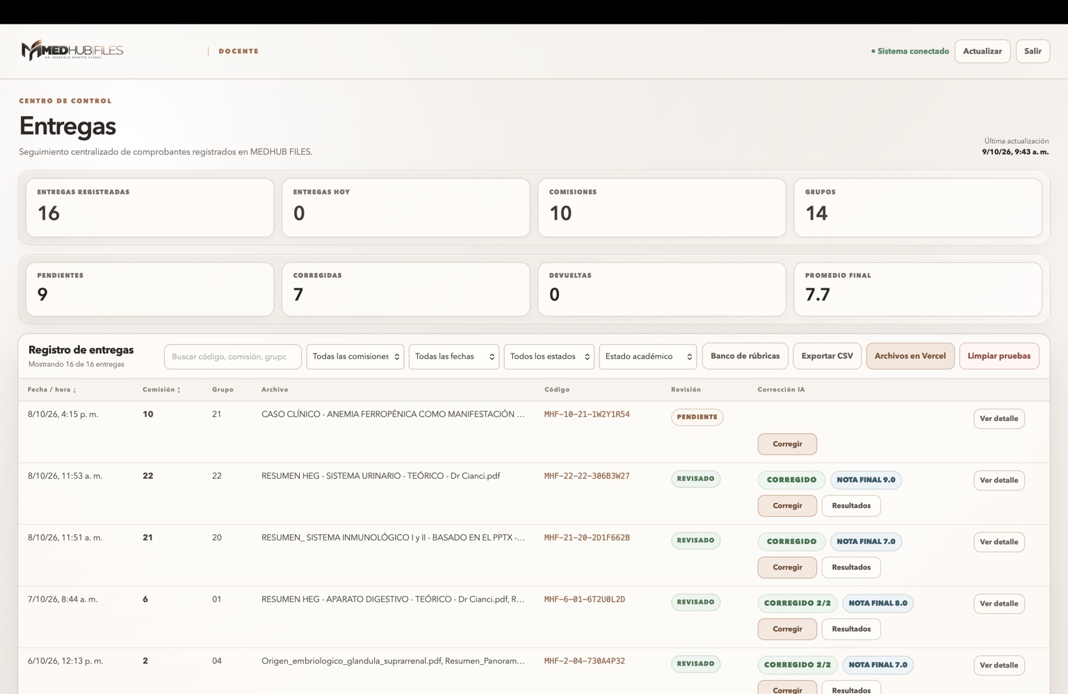 Consola docente real de MedHub Files