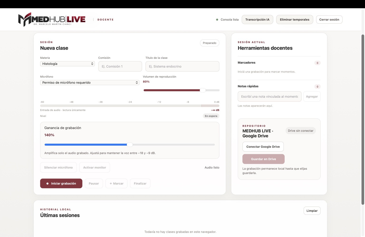 Consola docente MedHub LIVE