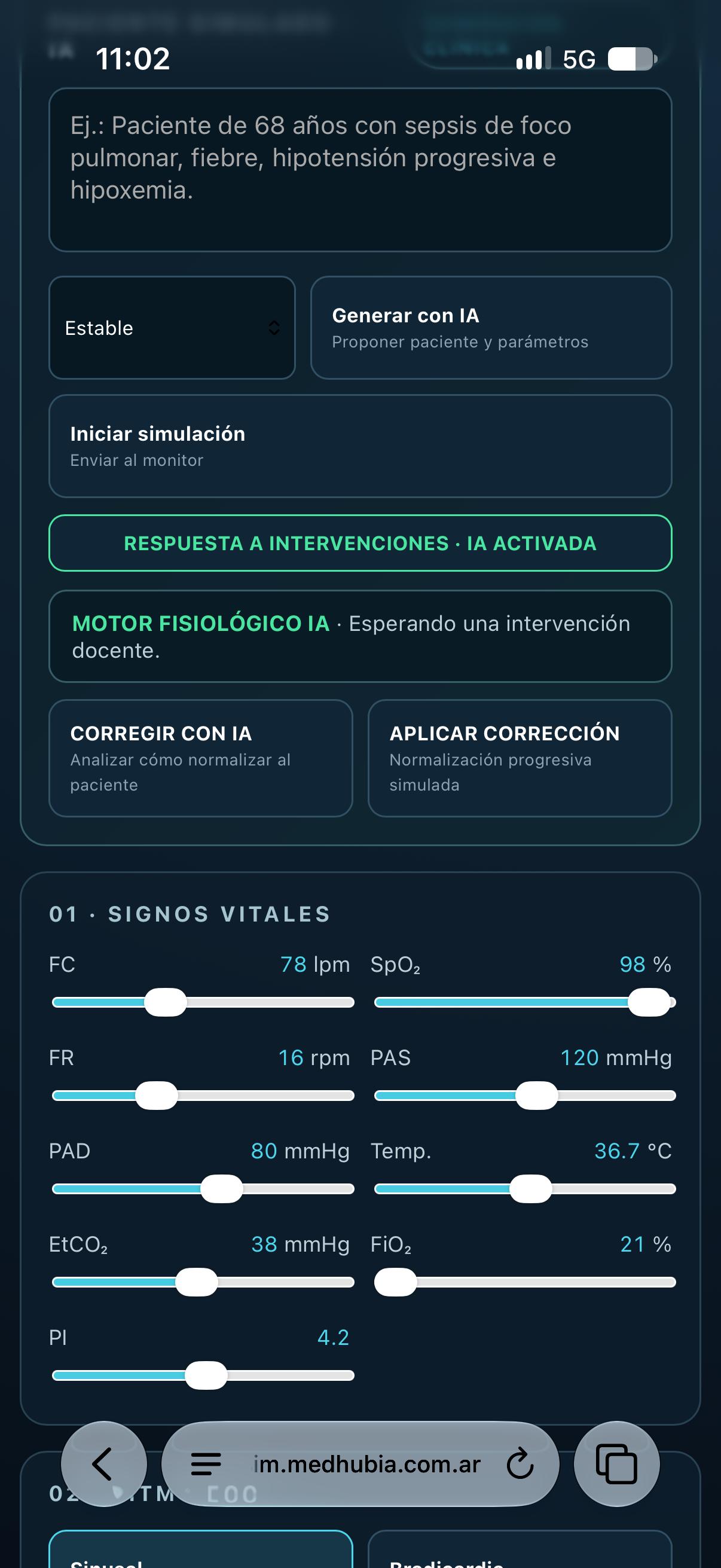 Consola docente de MedHub SIM con controles de signos vitales y motor fisiológico IA