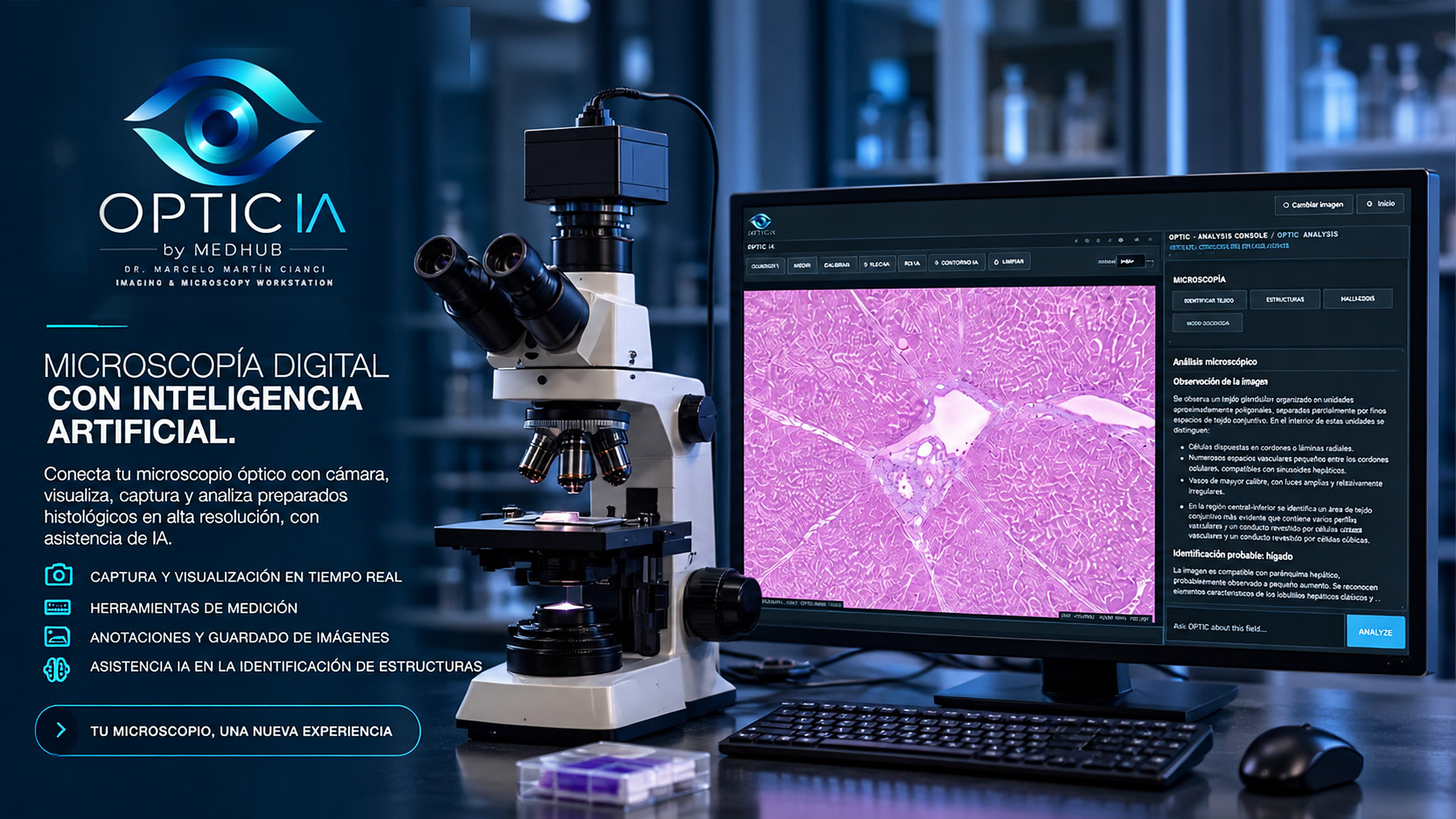 OPTIC IA: microscopio óptico con cámara y computadora mostrando análisis histológico